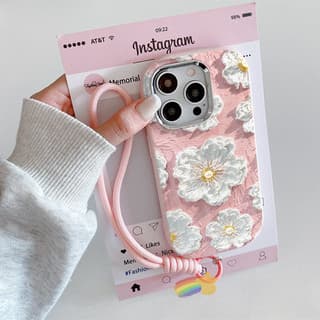 iPhone 15 Minyak merah muda melukis bunga dengan tali tangan Casing ponsel cocok untuk iPhone 11 11PROMAXSoftcase Macaron 12 13 14 15 PRO PROMAX Casing ponsel kartun   7PLUS XR XSMAX TPU Soft Transparan Phone Cover Casing 00020